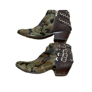 SAM EDELMAN Cowhide Camo Leather Ankle Boots, Buckled Straps - Size 9.5